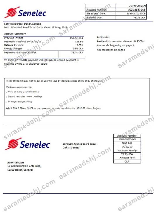 Senegal Senelec Agence Sacré Coeur Company electricity utility bill template in Word and PDF format